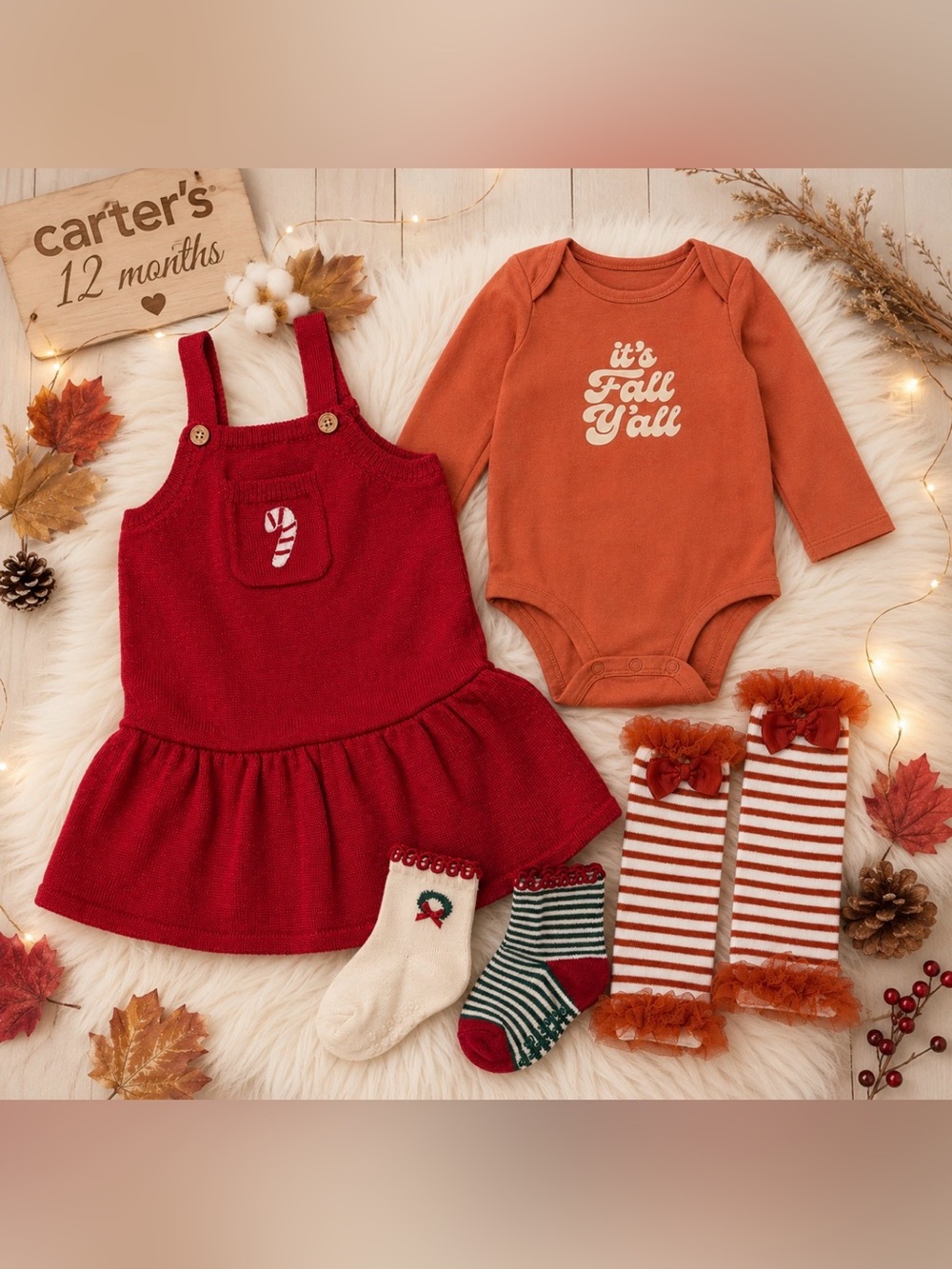 Carter’s Baby Girl 12M Fall Holiday Outfit Bundle Red Knit Dress & Bodysuit
